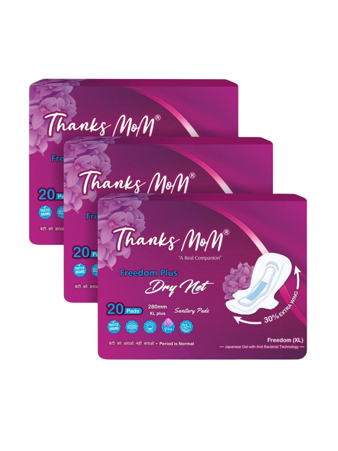 THANKS MOM Freedom Plus Set Of 3 Dry Net Sanitary Pads - XL Plus -20 Pads Each
