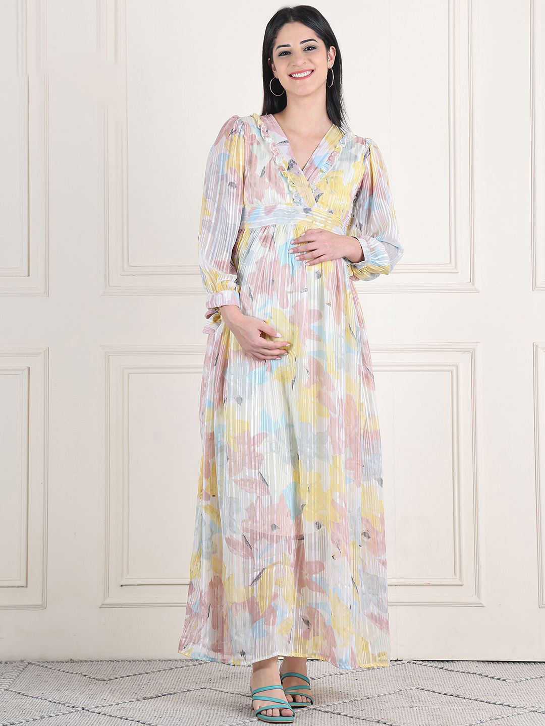 Moms Maternity Women Printed Bishop Sleeve Maternity Maxi Dress With Belt