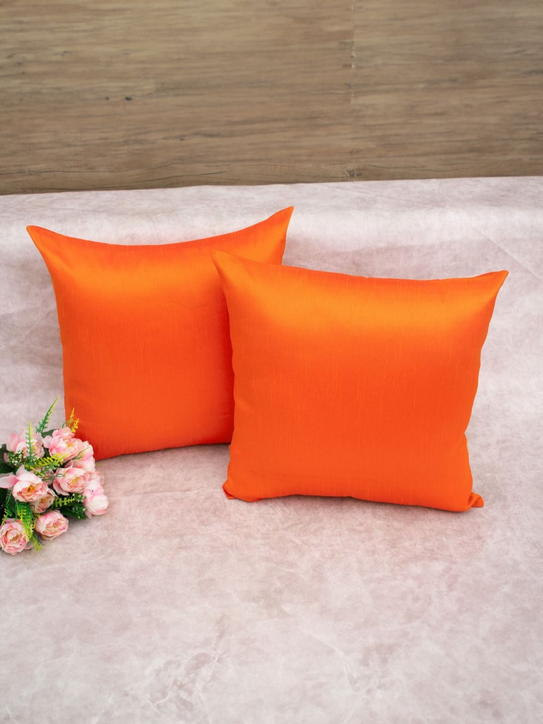 RoyalDeco Orange Silk Color Fastness 2 Piece Square Cushion Covers -24x24In