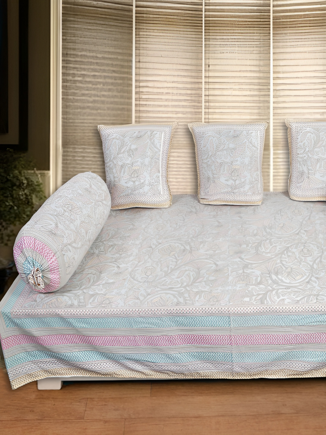 INDHOME LIFE Set Of 6 White & Blue Floral-PrintedDiwanSet