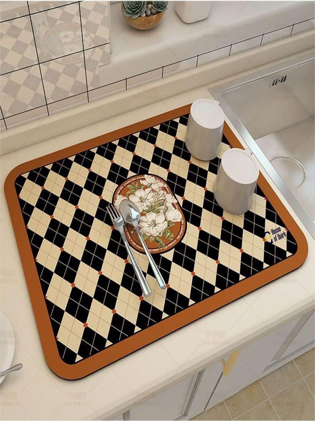 HOUSE OF QUIRK Brown & Black Printed Rectangular Kitchen Dish Drying Mat