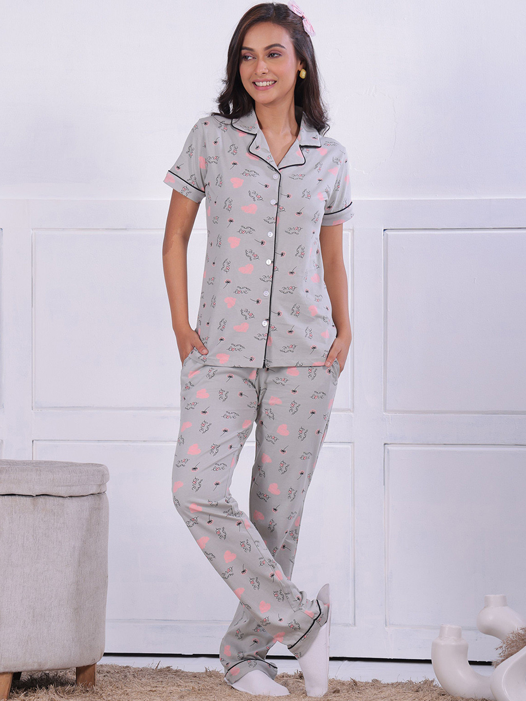 NAP STORY Dandelian Printed Half Sleeves Shirt and Pyjama Nightsuit Set