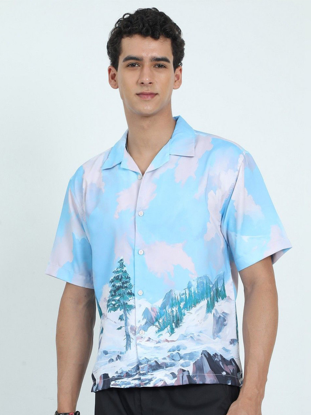 NEVER NEUD Men Relaxed Satin Alaska Printed Oversized Casual Shirt