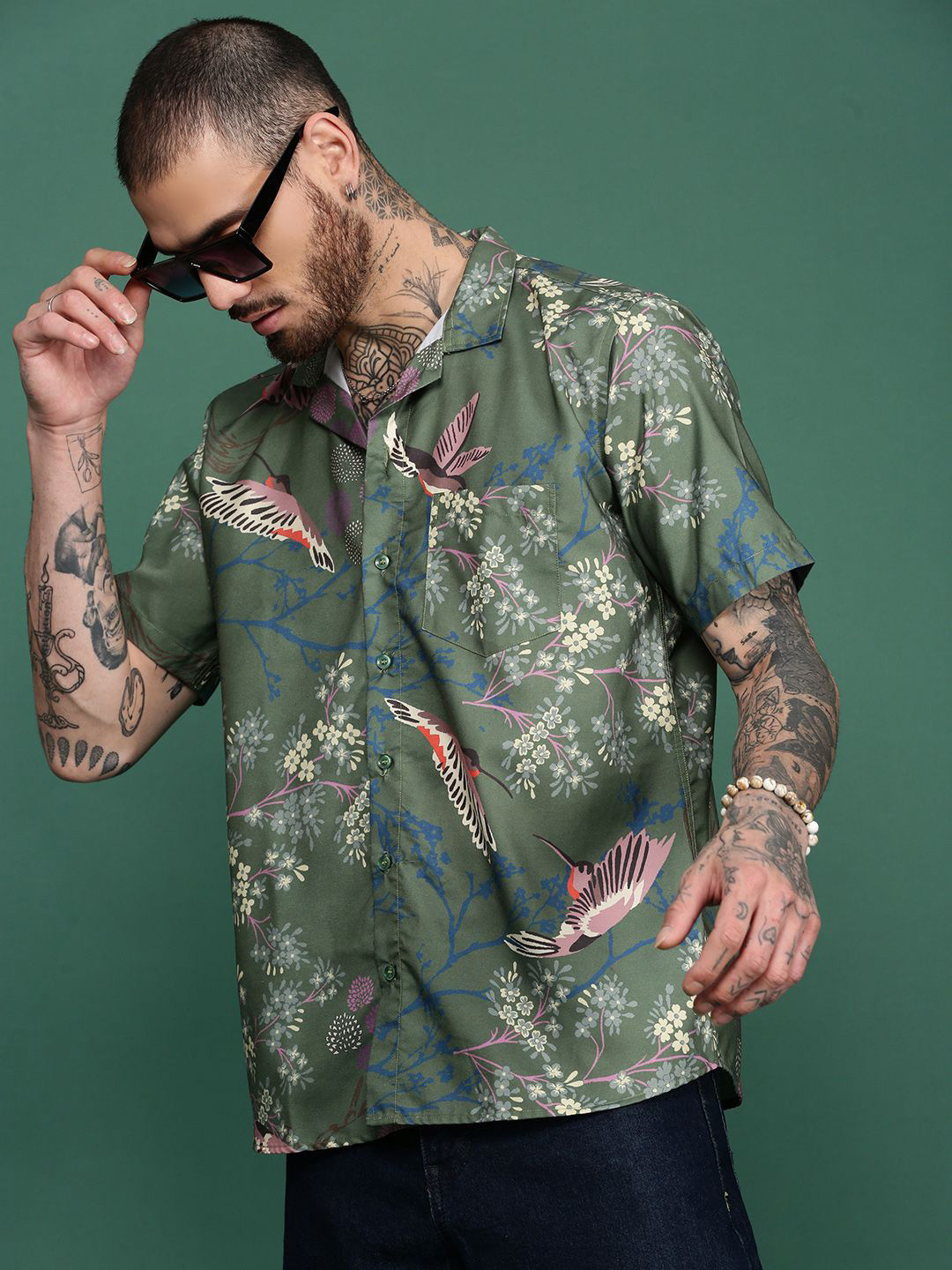 Sangria Blossom Tree & Sparrow Printed Spread Collar Short Sleeve Shirt