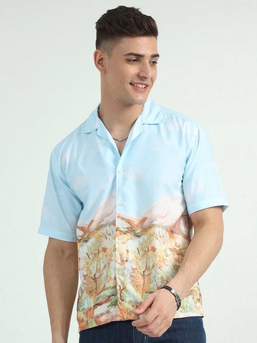 NEVER NEUD Men Relaxed Satin Abstract Terrain Printed Oversized Casual Shirt