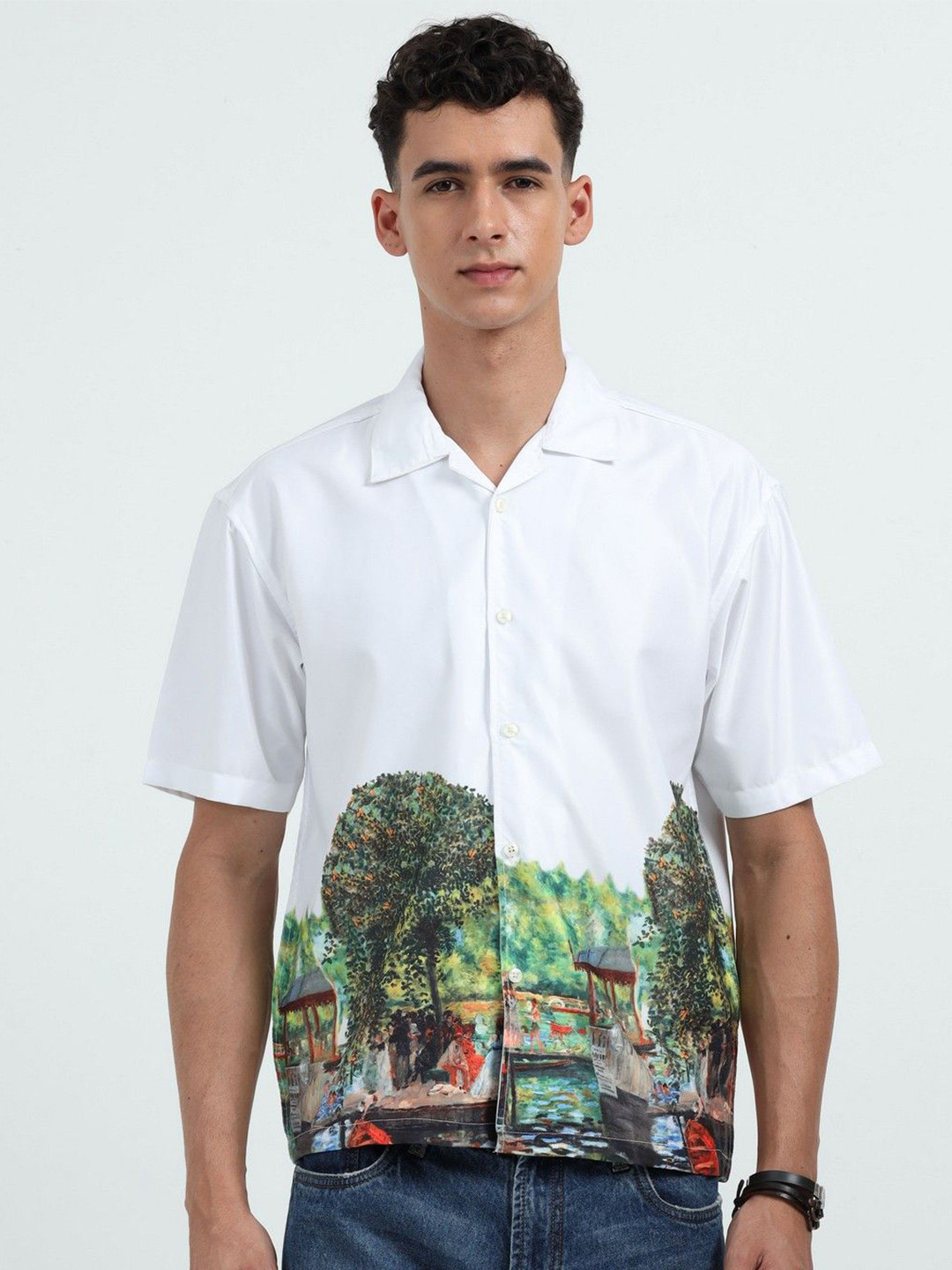 NEVER NEUD Men Relaxed Satin Country Oversized Casual Shirt