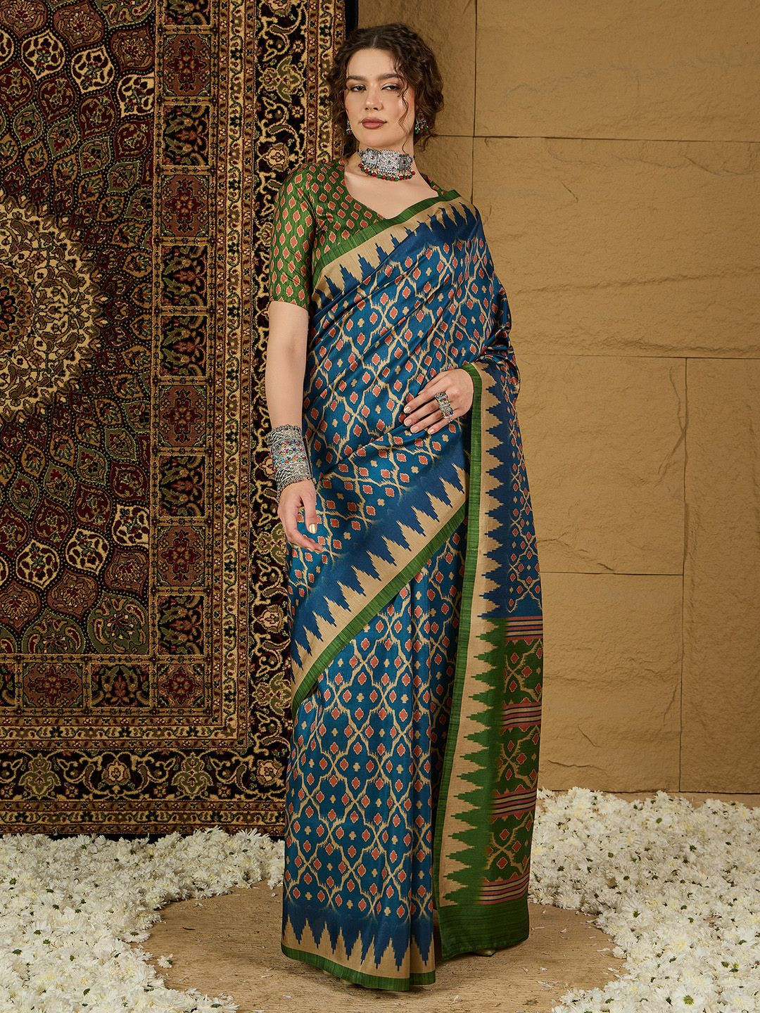 Saree mall Ethnic Motifs Silk Blend Bagru Sarees