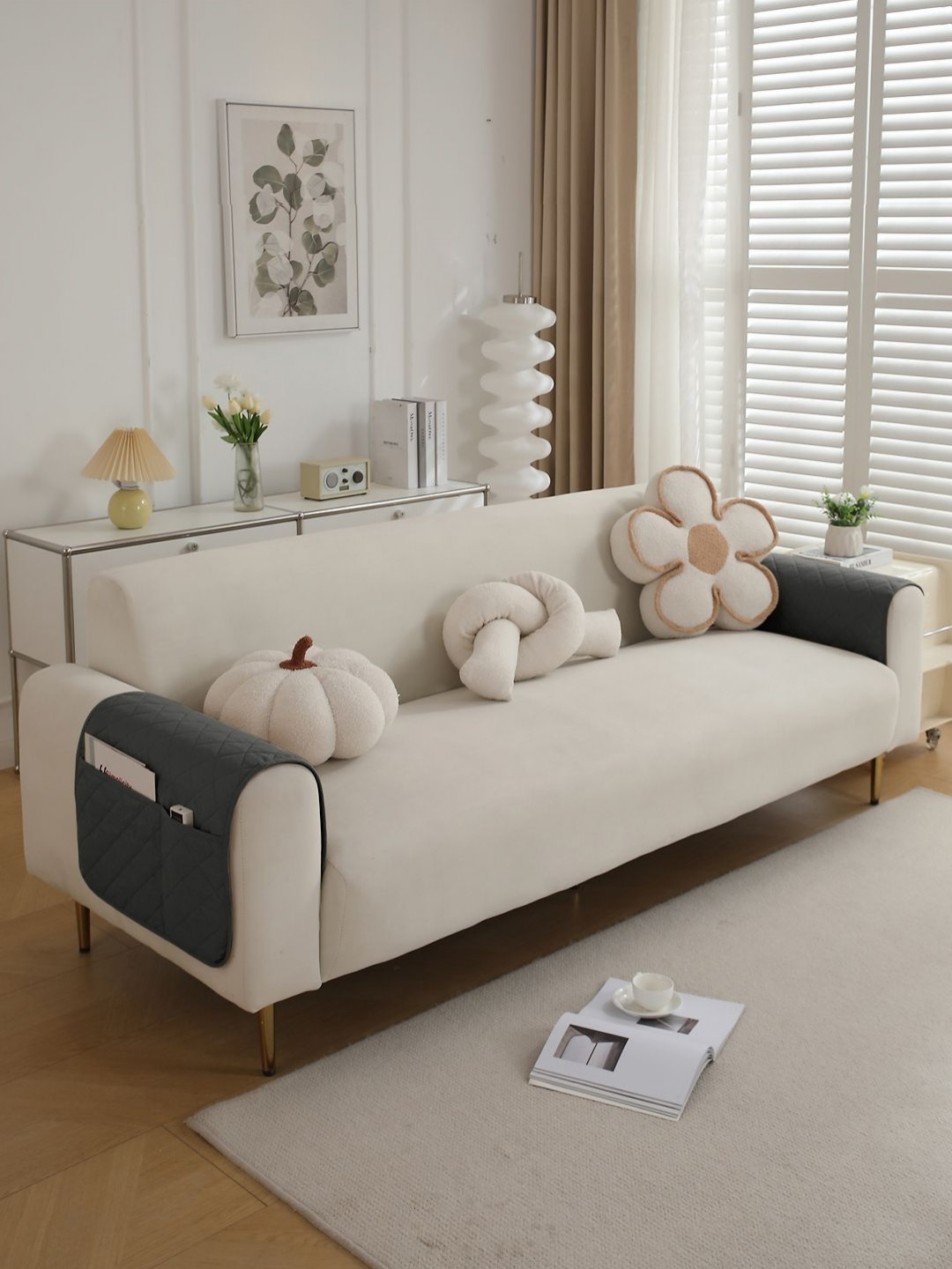 HOKIPO Grey 2 Piece Quilted Waterproof Anti-Slip Sofa Arm Rest Cover With Pockets