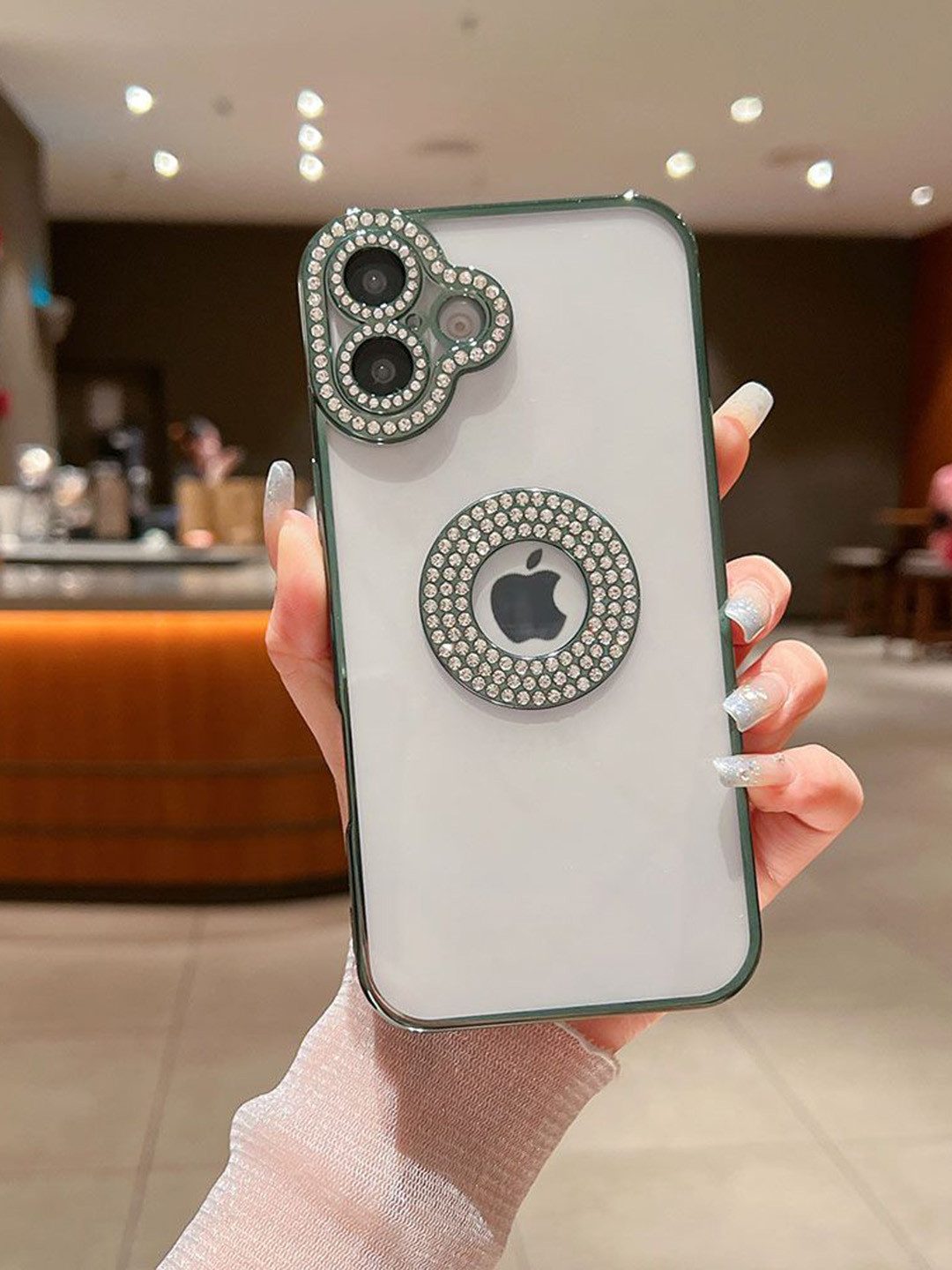 LuxuryKase Green Embellished LK030 iPhone 16 Pro Logo Hole Phone Case