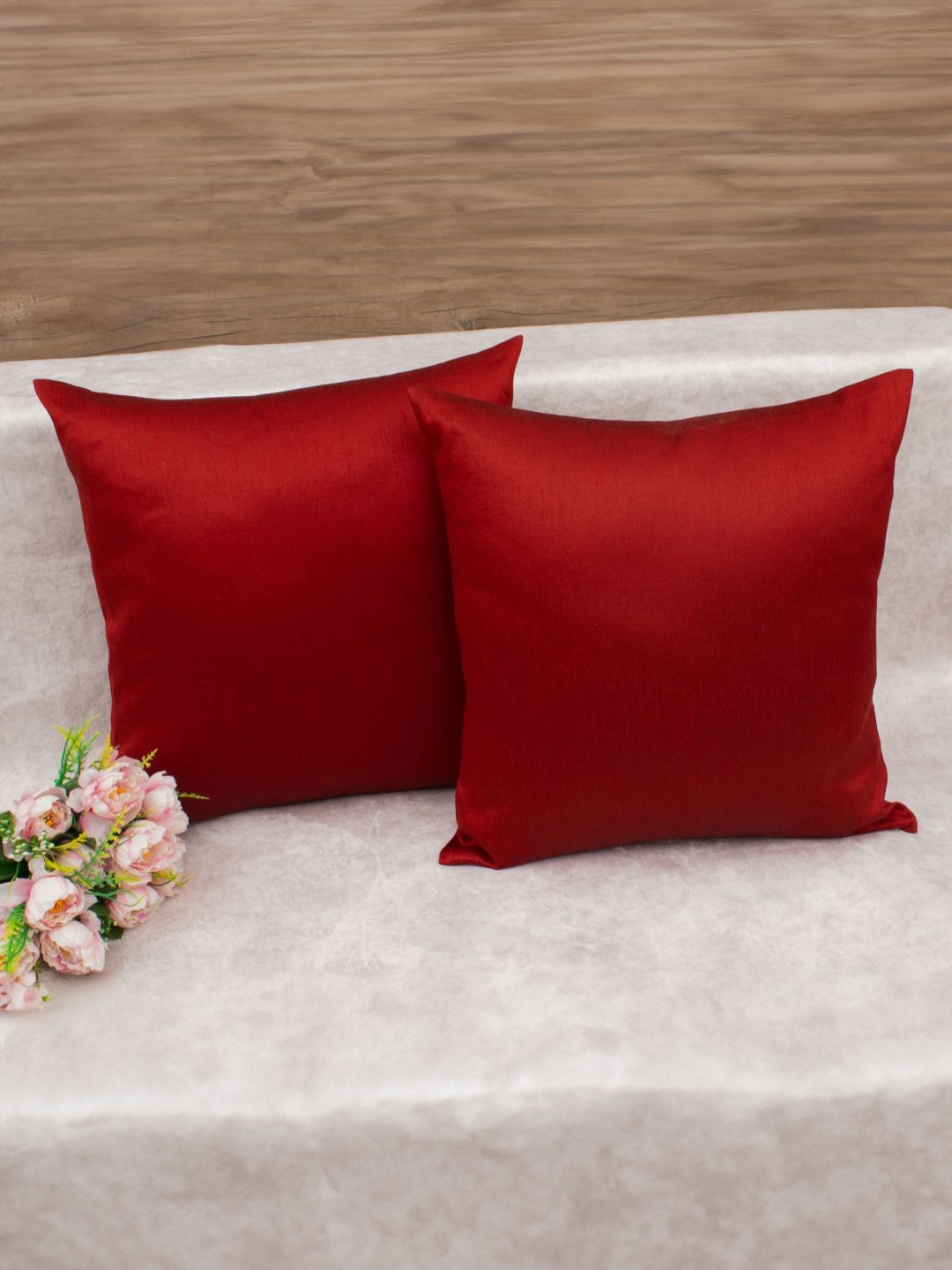 RoyalDeco Solid Maroon Silk Durable 2 Piece Square Cushion Covers -24x24In