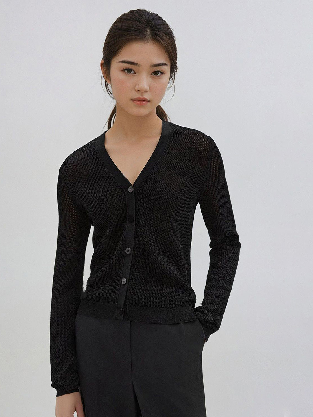 Stylecast X Kotty Women Cotton V-Neck Self Design Open Knit Cardigan
