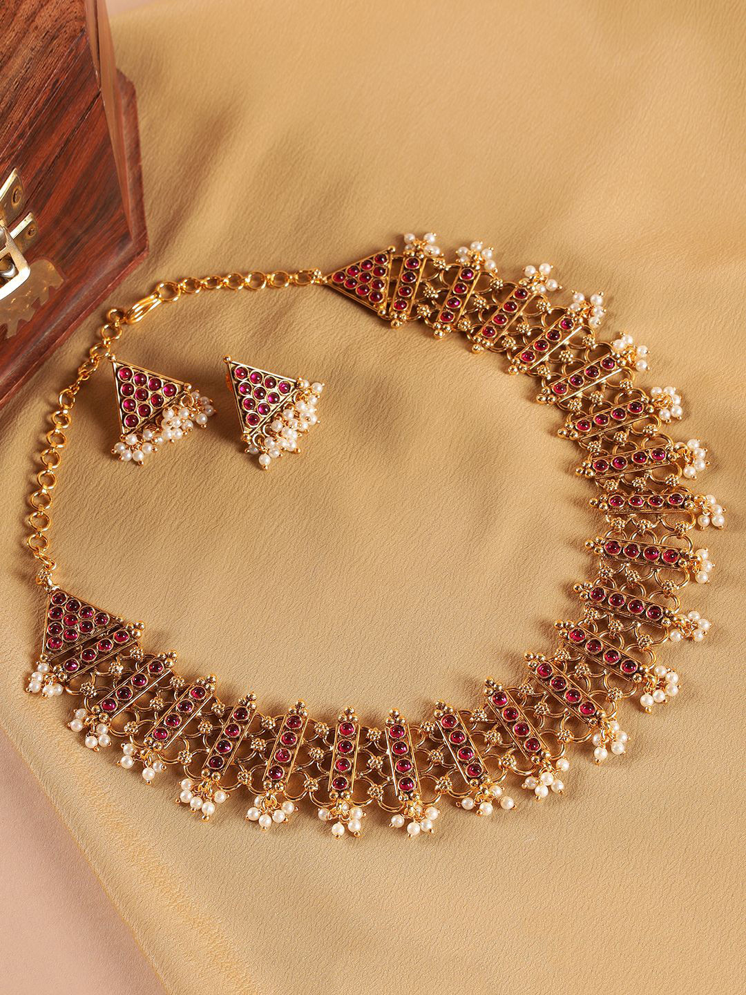 Kattam Ruby Stone Gold-Plated Ethnic Choker With Earrings