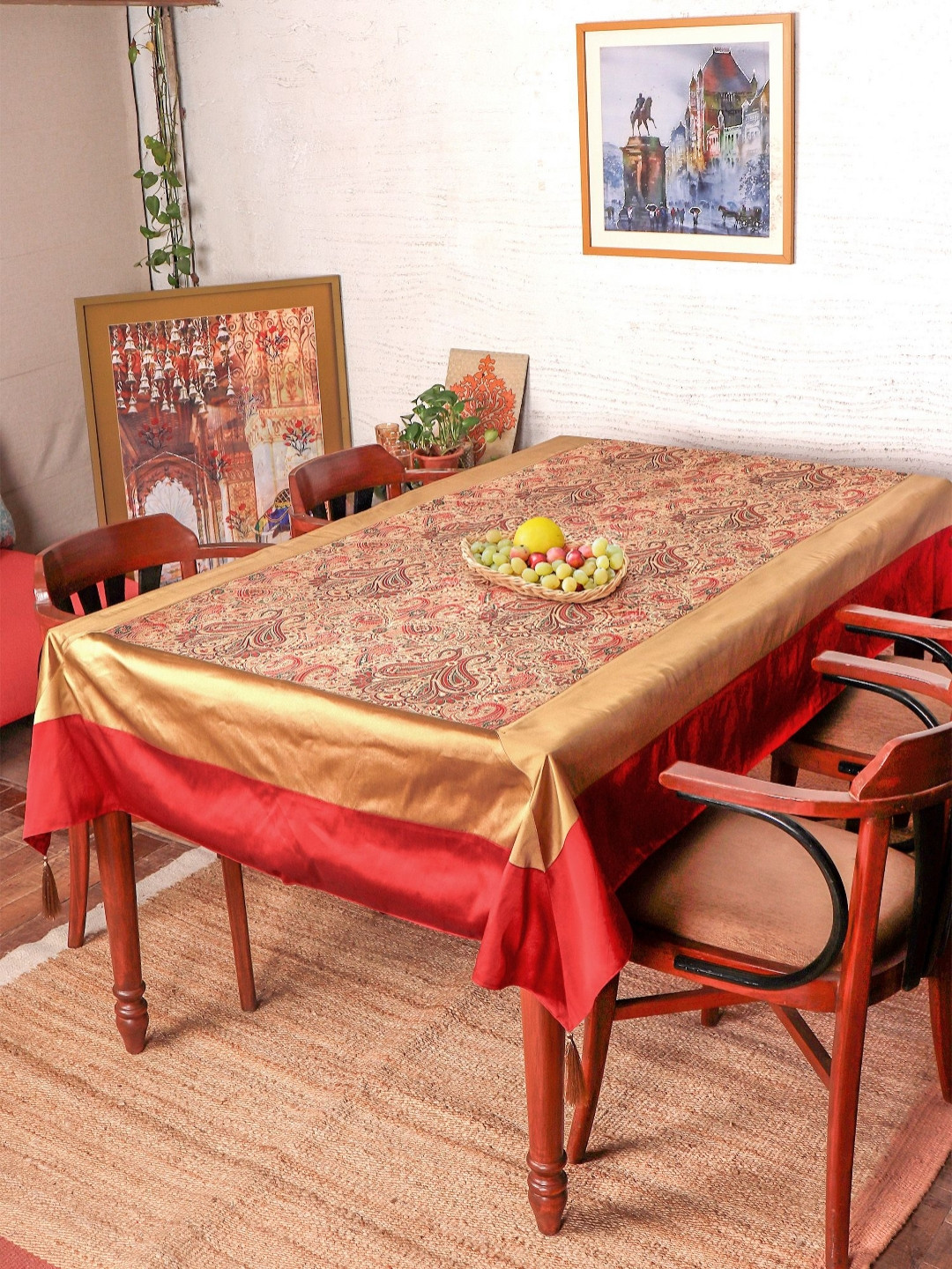 ZEBA Gold-Toned Floral Silk 8-Seater Table Cover with Textured details