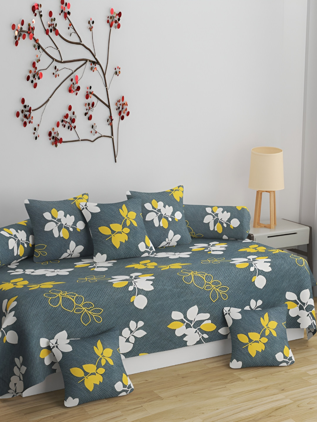 BELVOSTUM 8-Pcs Grey & Yellow Printed Diwan Set