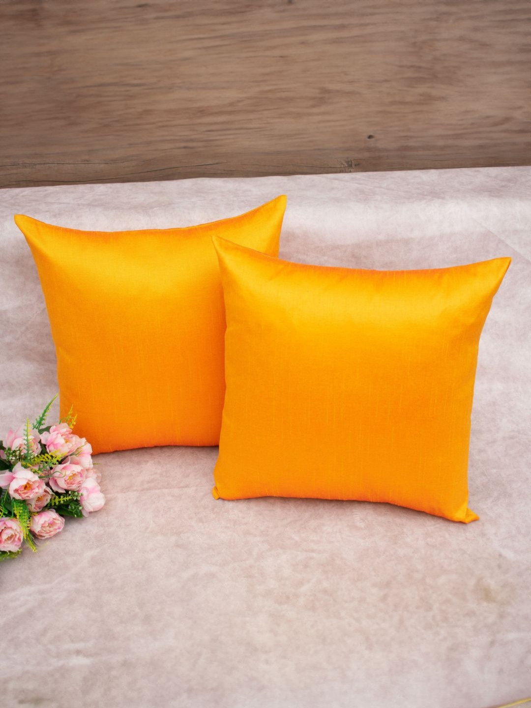 RoyalDeco Yellow Silk Color Fastness 2 Piece Square Cushion Covers - 12 x 12 Inches