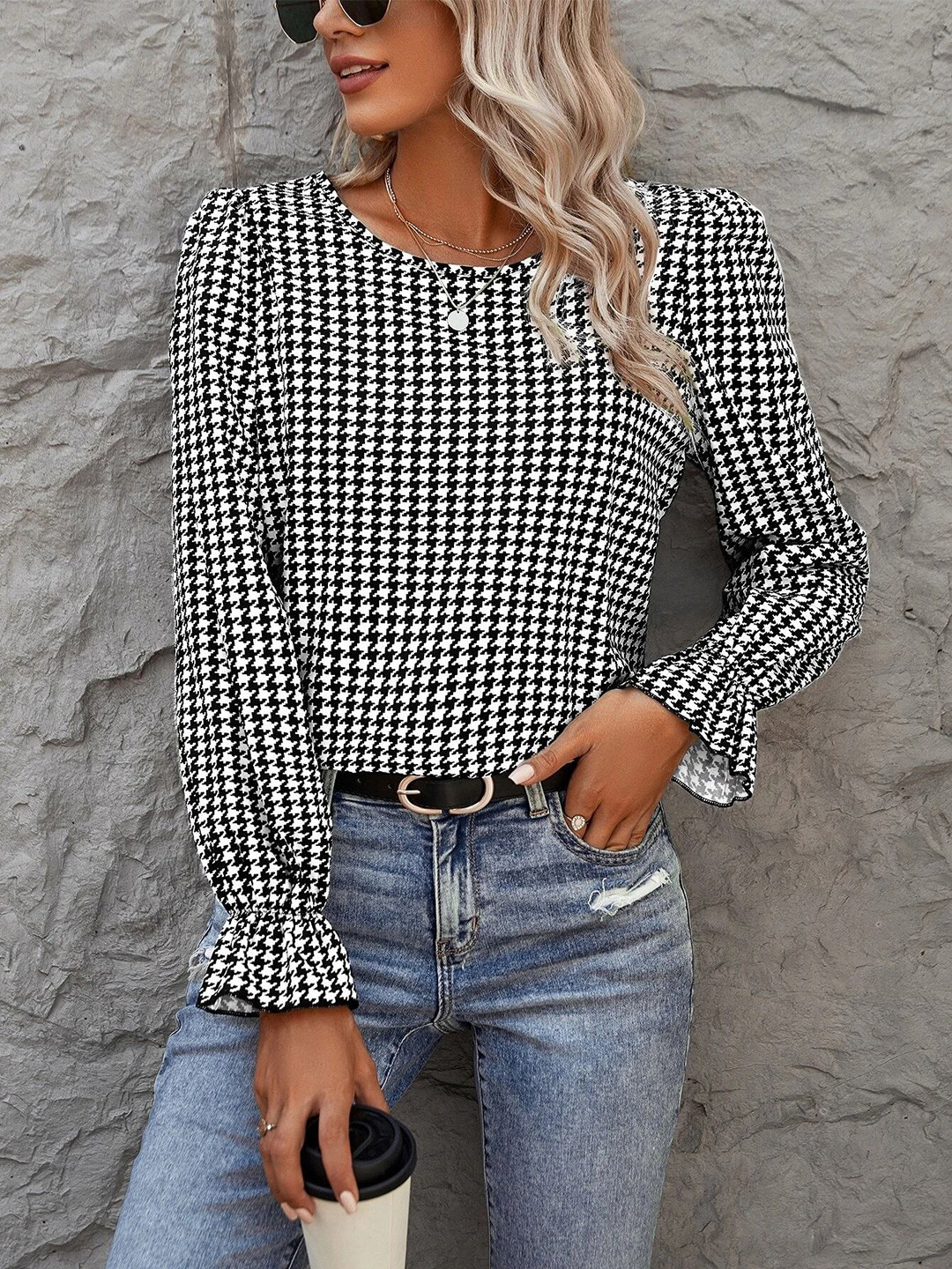 Stylecast X Slyck Checked Pattern Puff Sleeves Ruffles Blouson Top