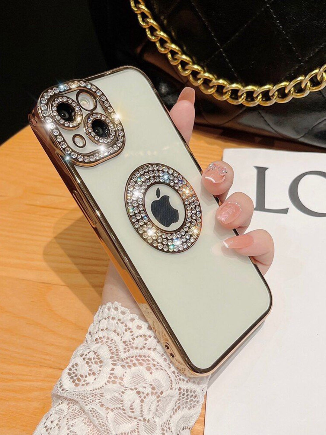 LuxuryKase Gold Embellished LK030 iPhone 14 Plus Logo Hole Phone Case