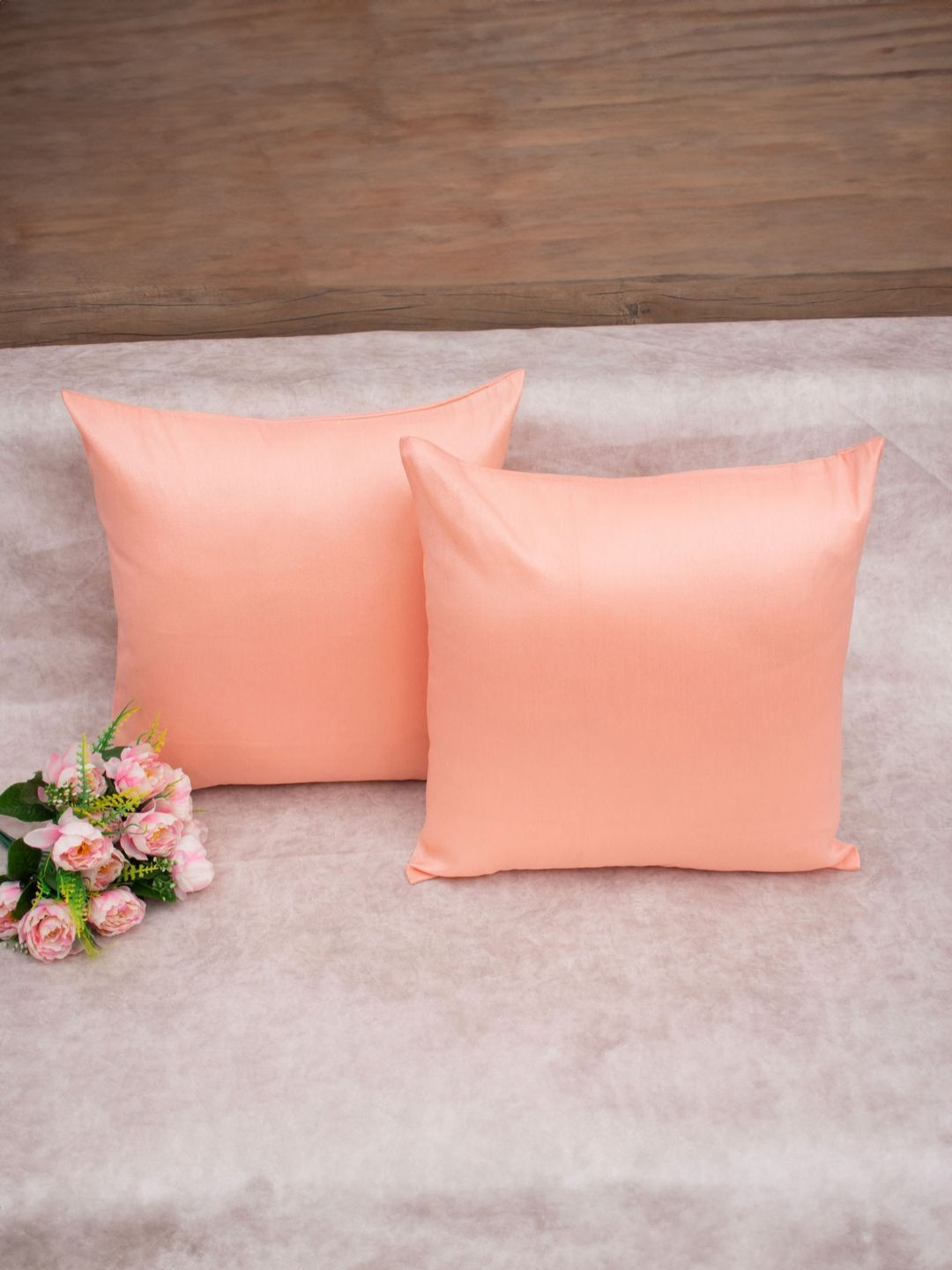 RoyalDeco Peach Silk Washable 2 Piece Square Cushion Covers -12x12In