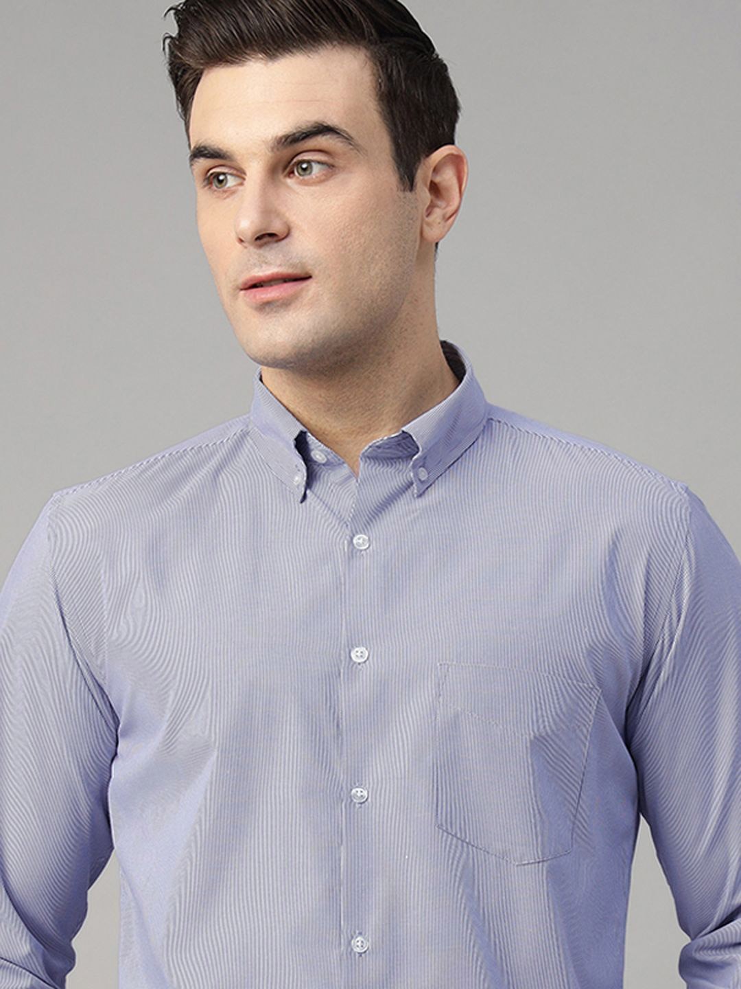 English Navy Button-Down Collar Striped Wrinkle Ressistant Slim Fit Formal Shirt