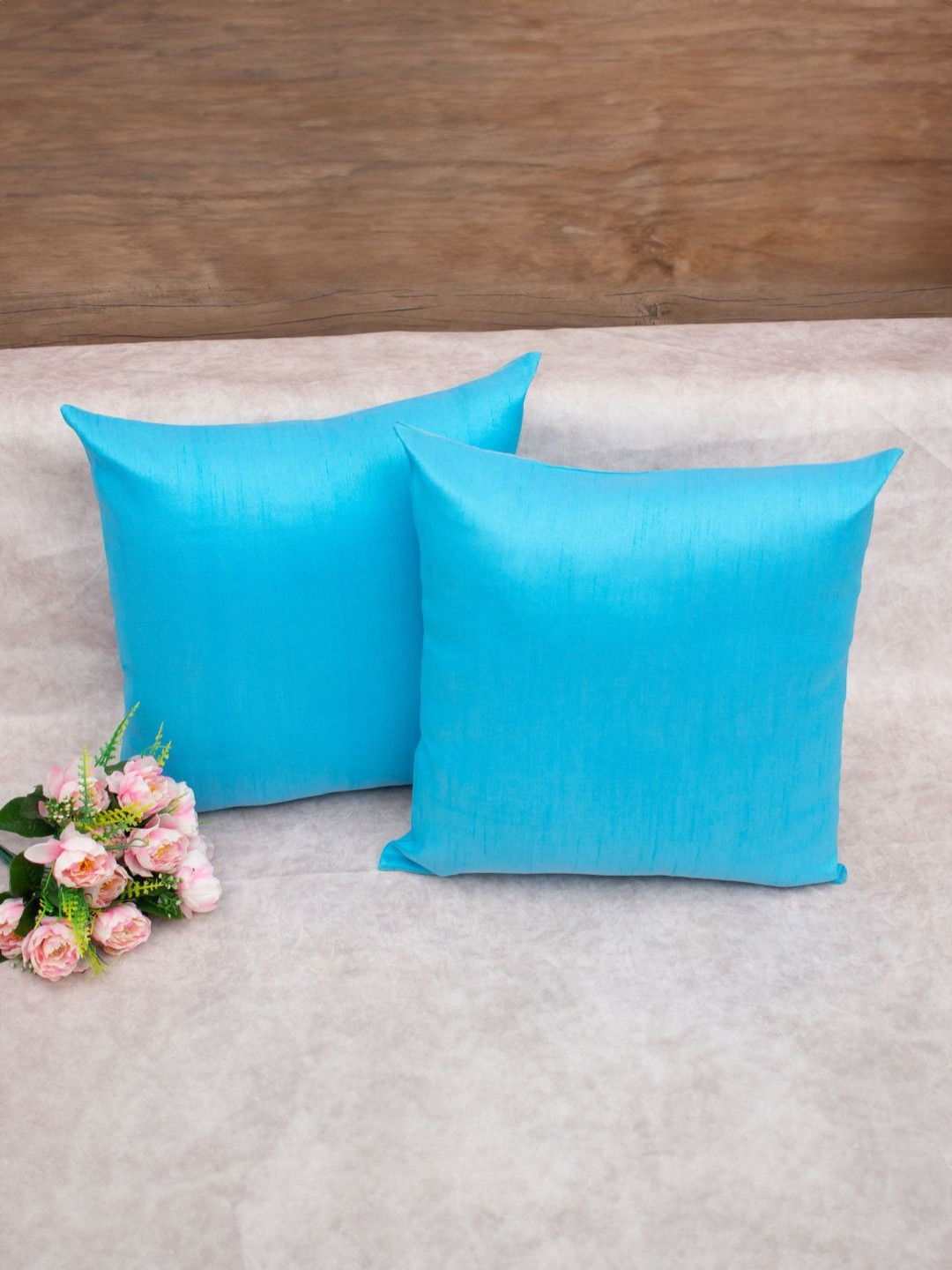 RoyalDeco Blue Silk Color Fastness 2 Piece Square Cushion Covers -16x16In