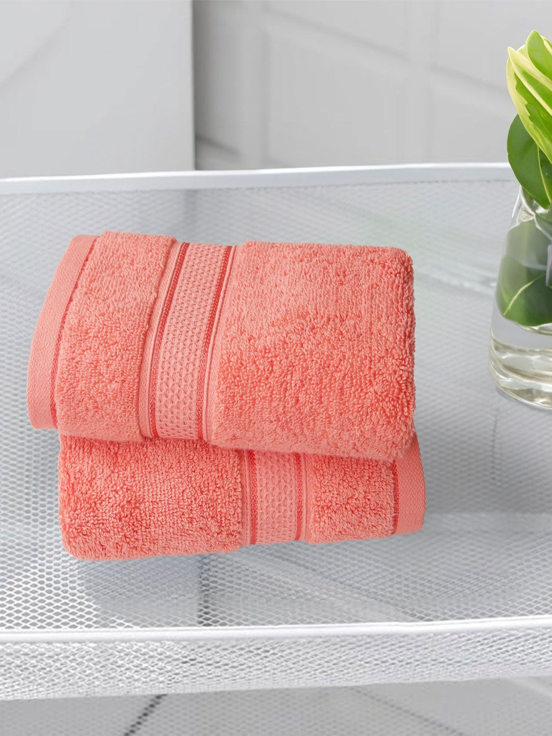 MYTRIDENT 2-Pcs Coral Pink 600 GSM Pure Cotton Hand Towels