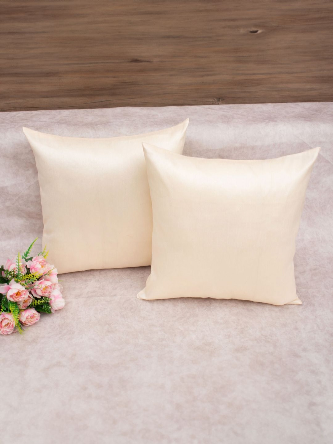 RoyalDeco Cream Silk Washable 2 Piece Square Cushion Covers -16x16In