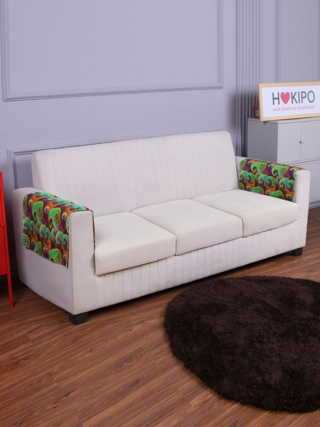 HOKIPO Green & Red Printed Velvet 2 Piece Sofa Armrest Covers