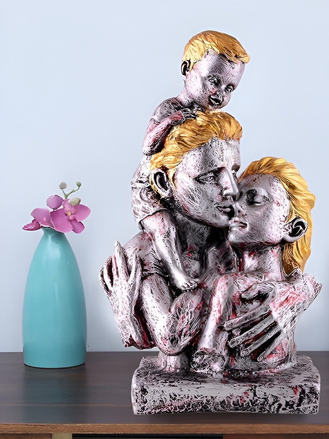 Zart Mother and Father with Child Love Copper Polyresin Natural Living Room Medium Showpiece - 15 Inches