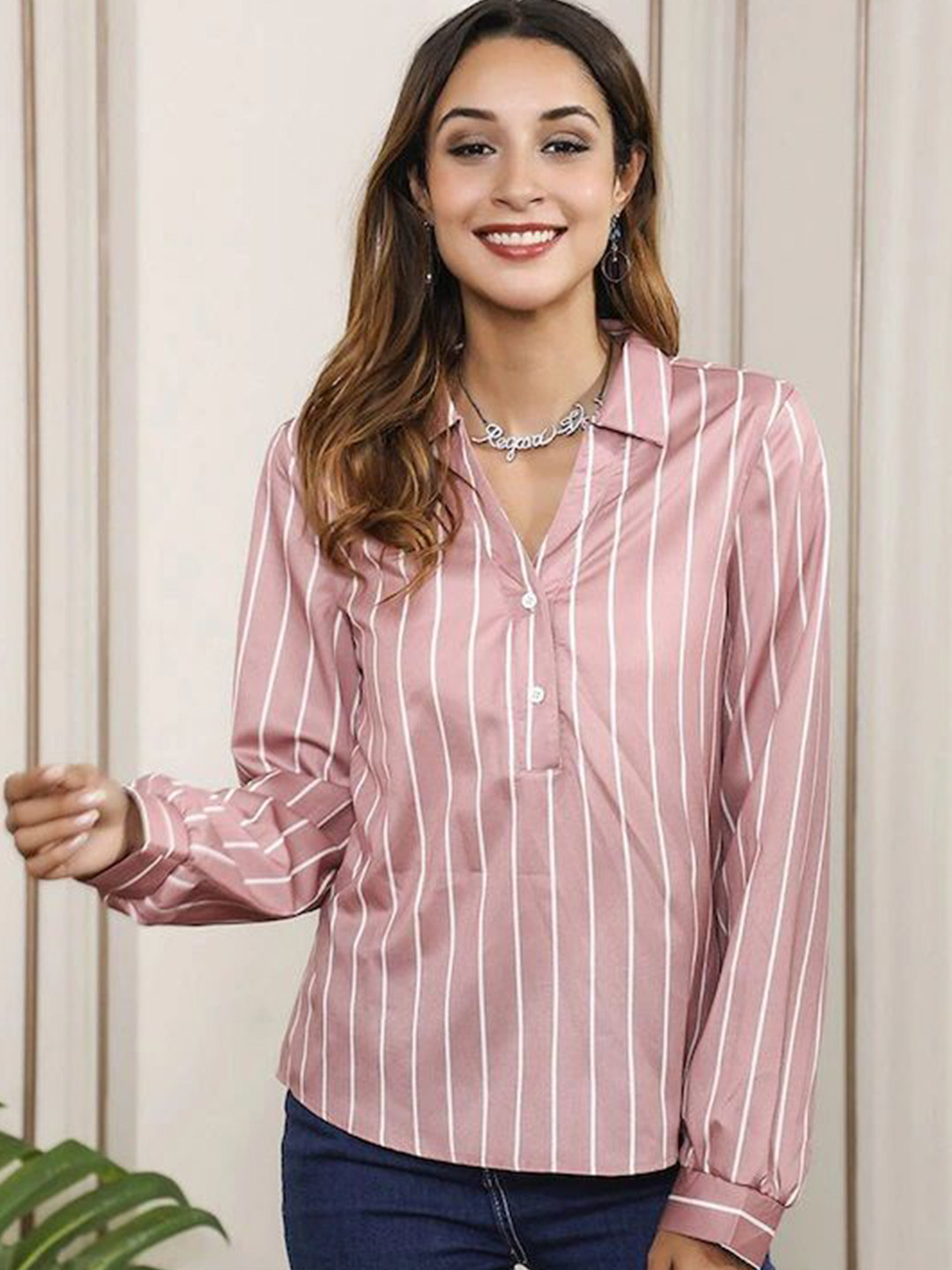 Stylecast X Slyck Striped Pattern Shirt Collar Cuffed Sleeve Shirt Style Top