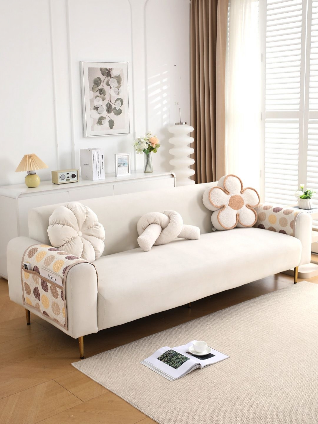 HOKIPO 2 Pcs Brown Polka Dot Printed Quilted Sofa Armrest Cover