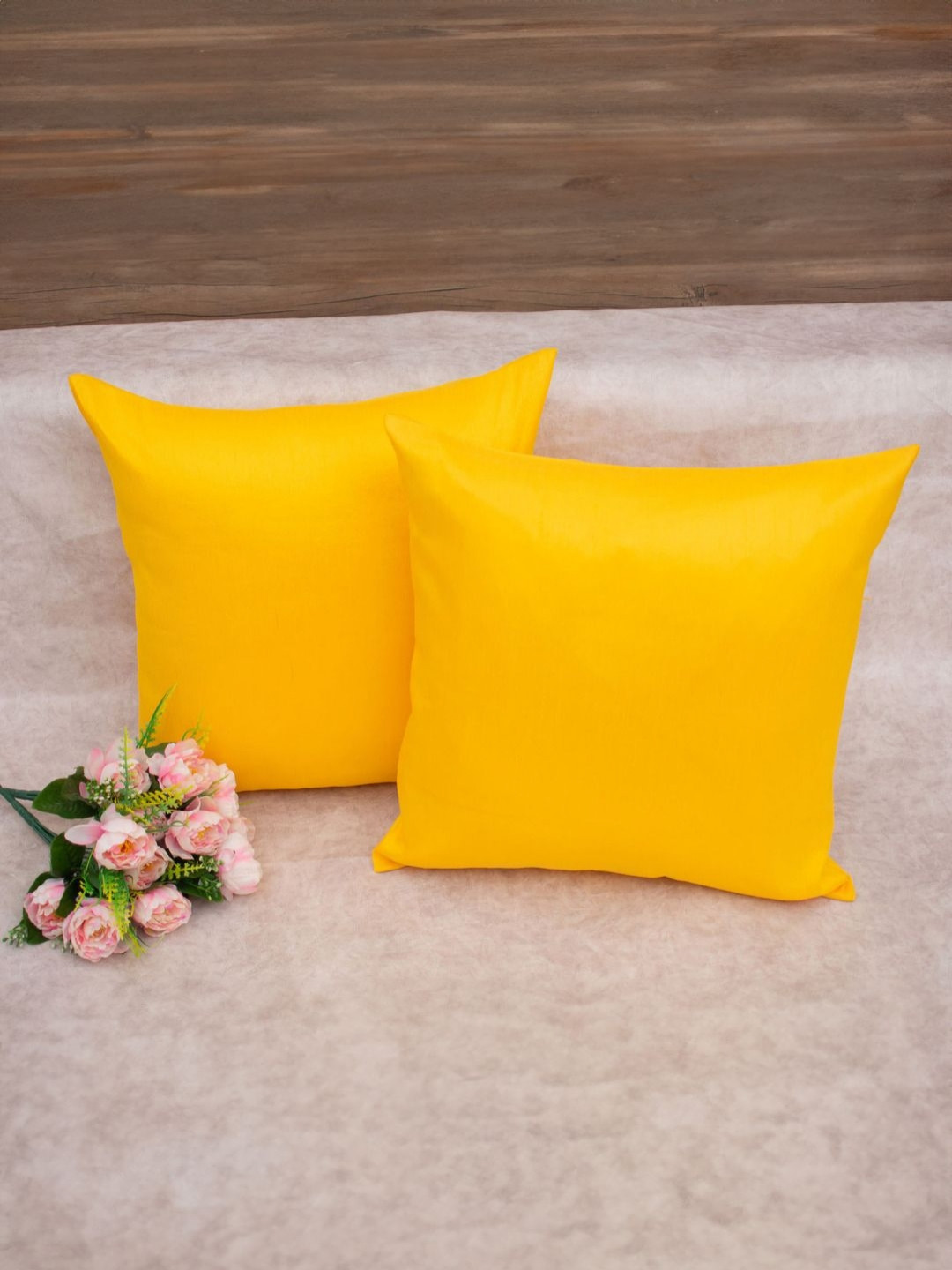 RoyalDeco Solid Yellow Polyester Silk Color Fastness 2 Pcs Square Cushion Covers -12x12In