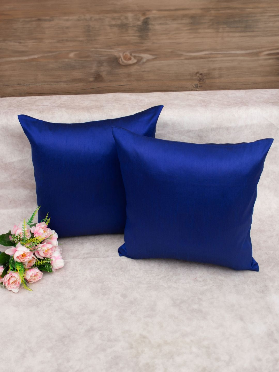 RoyalDeco Solid Blue Silk Durable 2 Piece Square Cushion Covers -16x16In