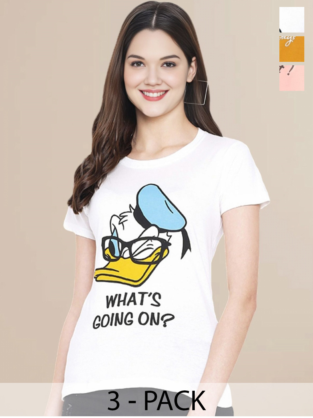 Metronaut Women Pack Of 3 Typography Printed Round Neck Cotton Donald Duck T-shirts