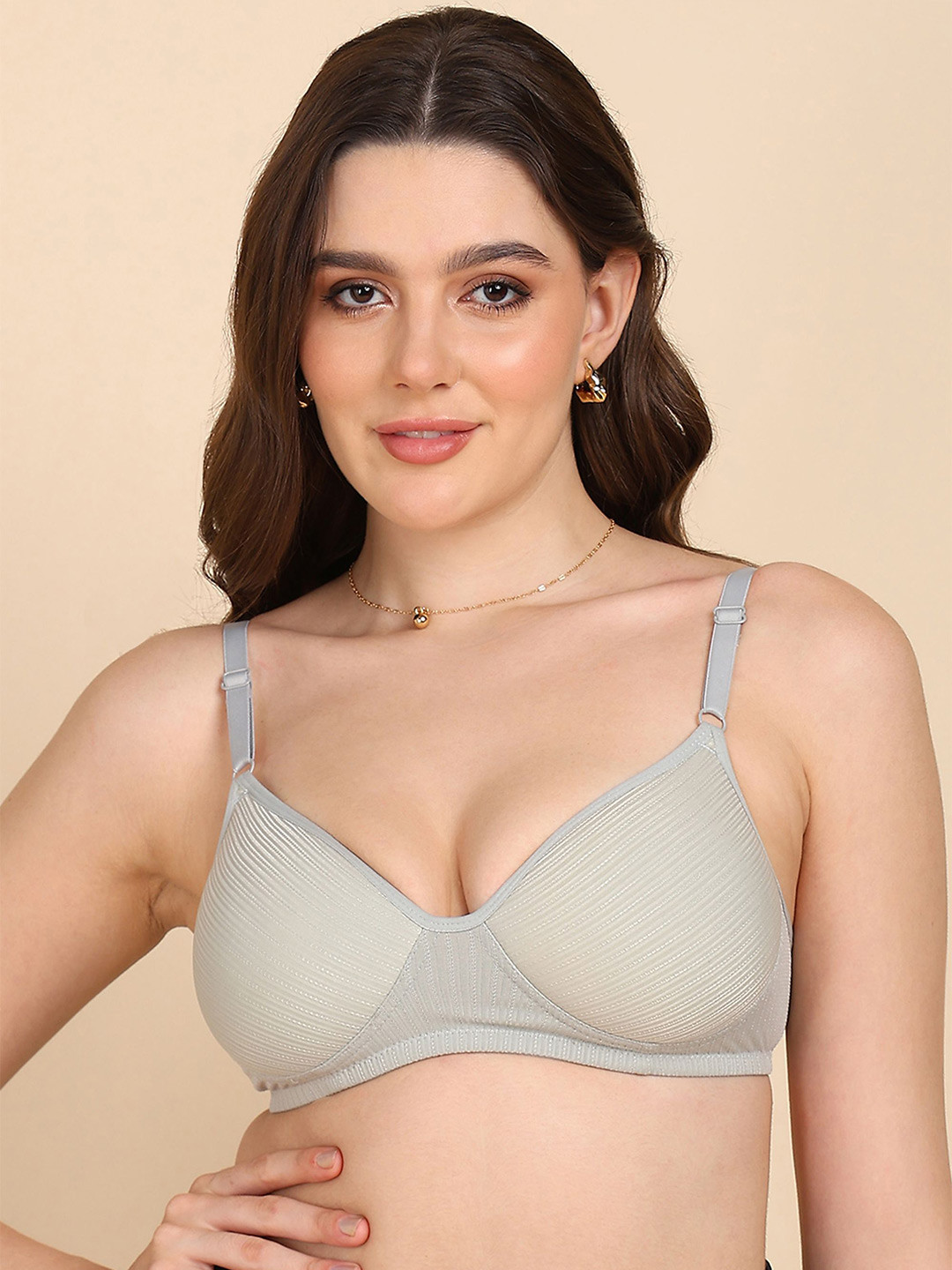 KOMLI Striped Full Coverage Lightly Padded Non-Wired T-shirt Bra - All Day Comfort
