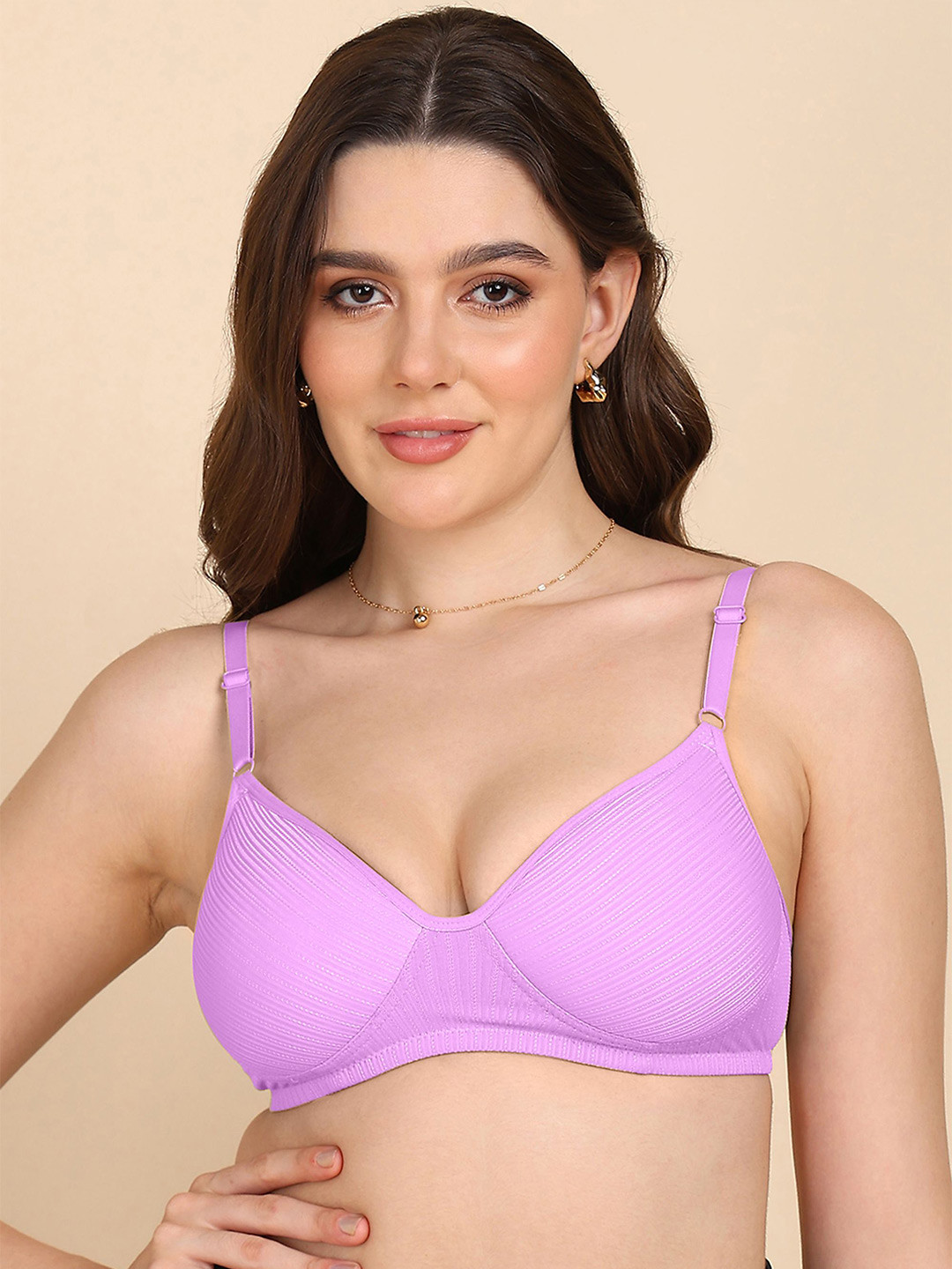 KOMLI Striped Full Coverage Lightly Padded Non-Wired T-shirt Bra - All Day Comfort