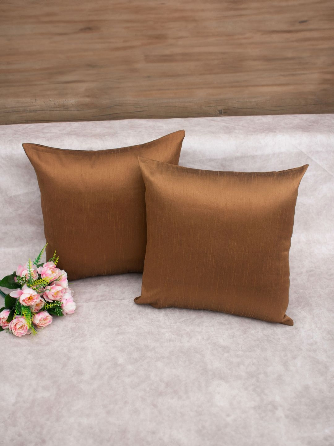 RoyalDeco Brown Silk Durable 2 Piece Square Cushion Covers - 16 x 16 Inches