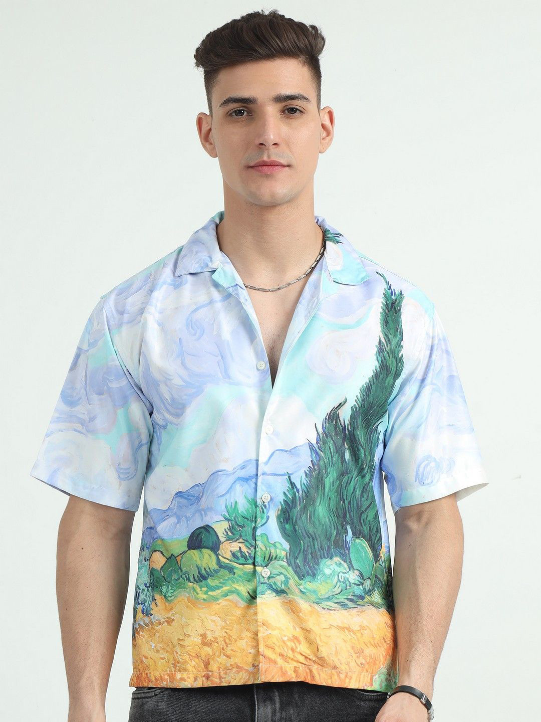 NEVER NEUD Men Relaxed Satin Plantain Leaf Printed Oversized Casual Shirt