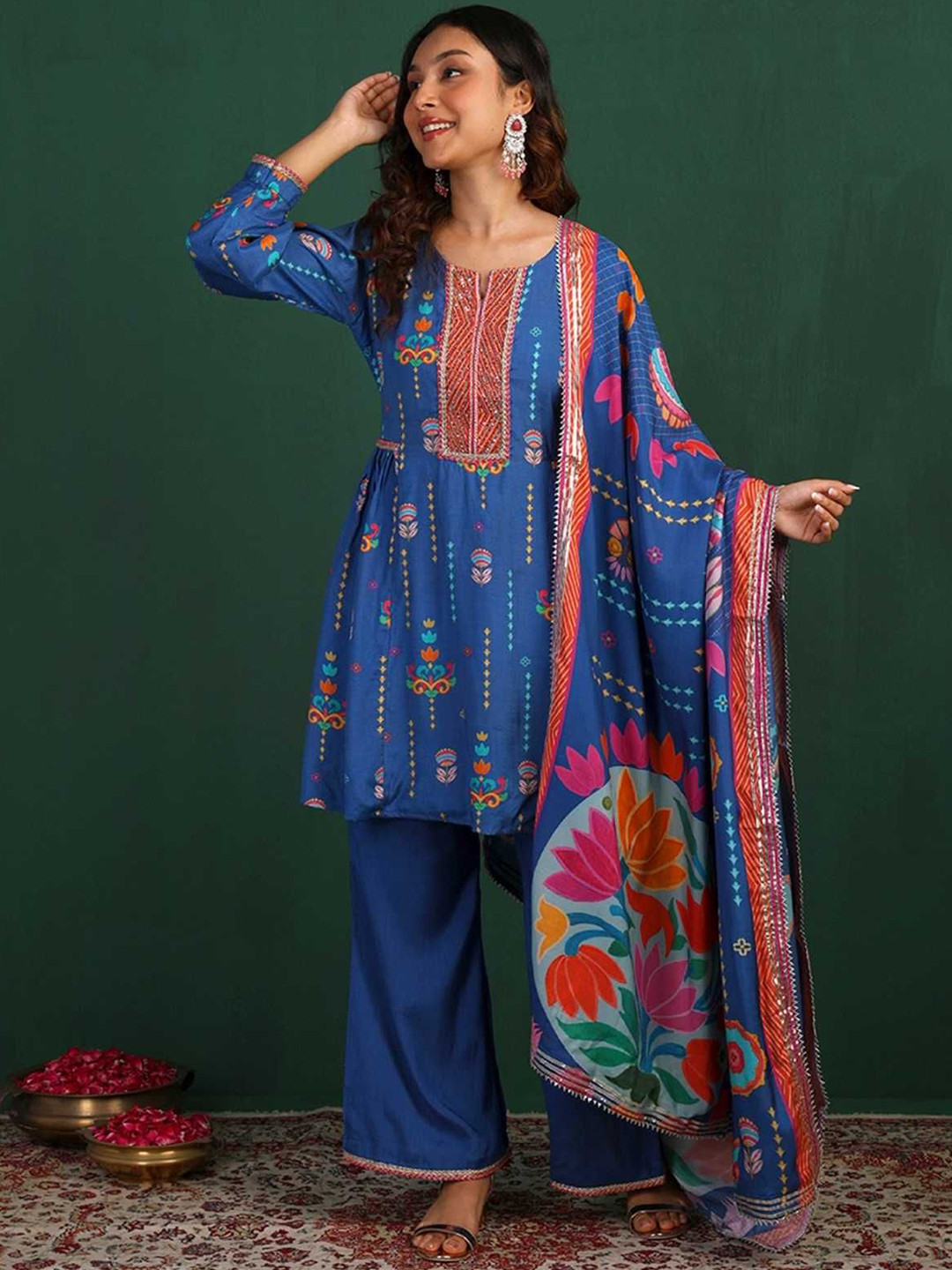 Label Ishnya Women Floral Printed Pleated Sequinned Fusion Kurti with Palazzos & With Dupatta