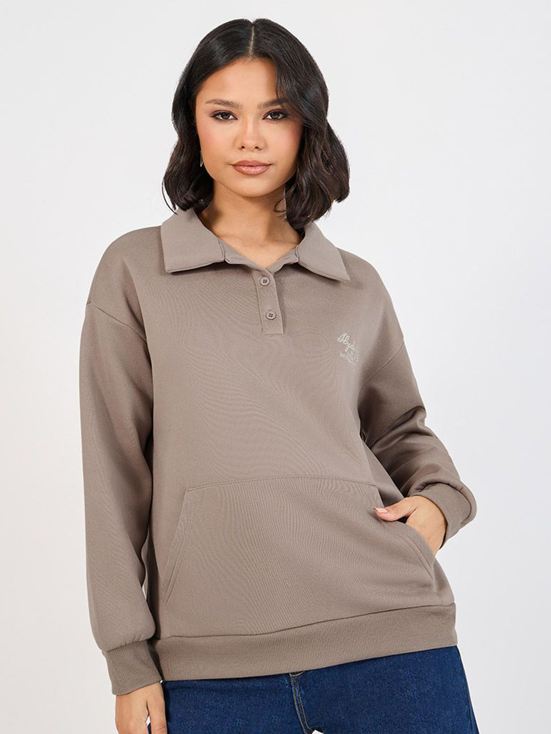 Styli Beige Polo Collar Long Sleeves Oversized Embroidered Regular Length Sweatshirt