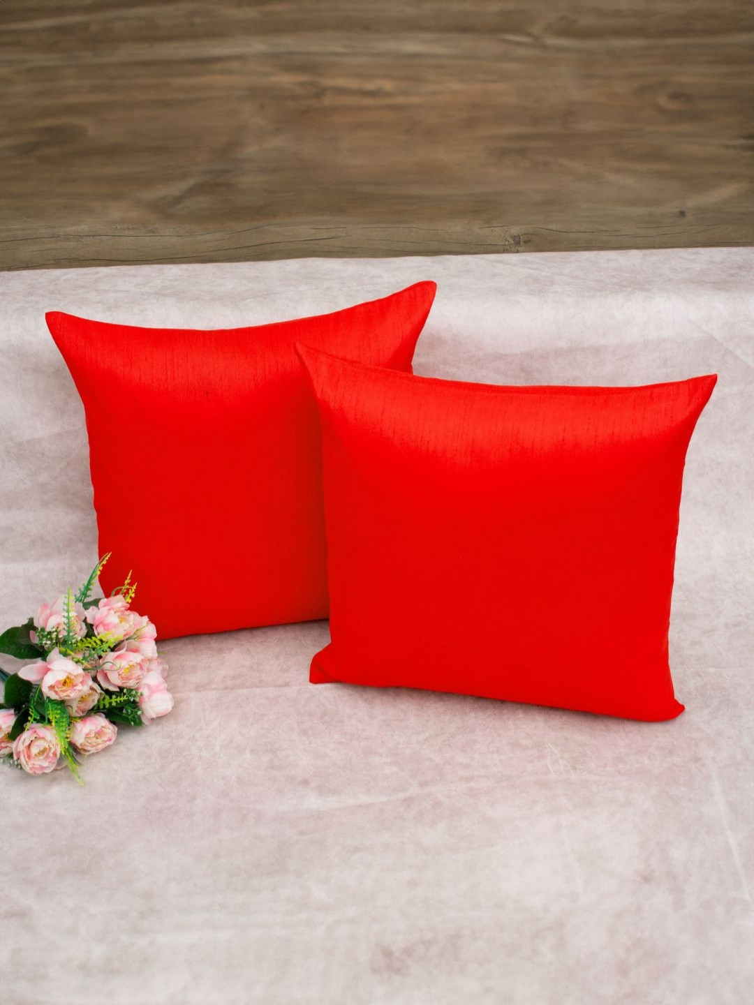 RoyalDeco Red Silk Color Fastness 2 Pcs Square Cushion Covers - 16 x 16 In