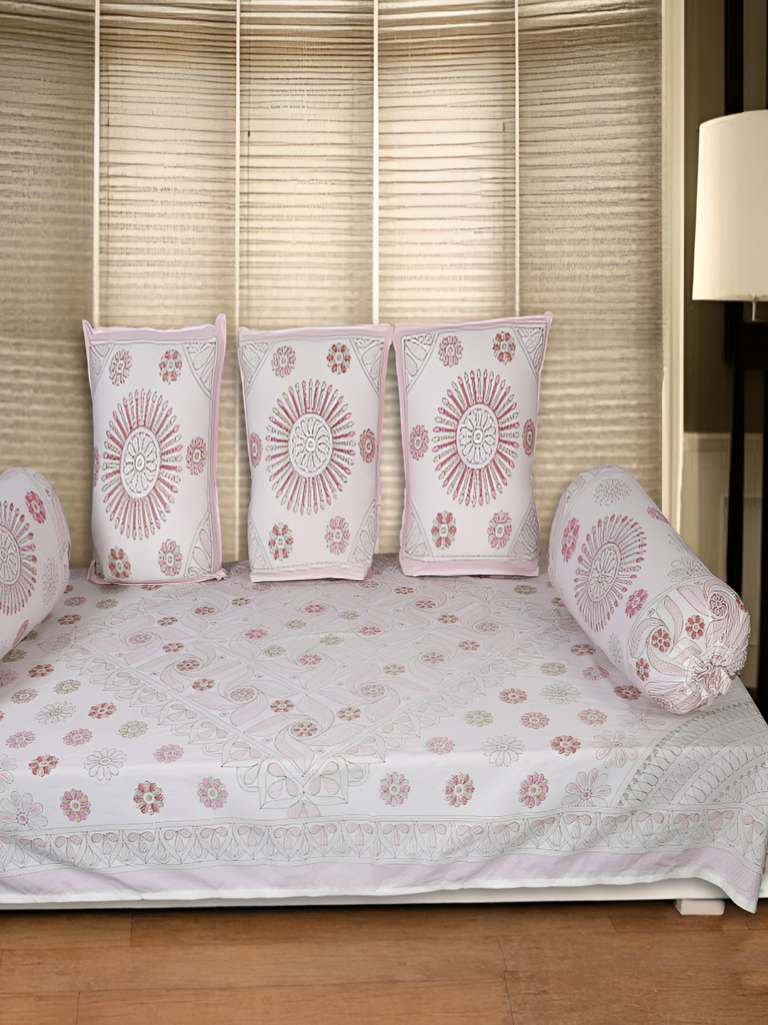 INDHOME LIFE Set Of 6 White & Pink Floral-PrintedDiwanSet