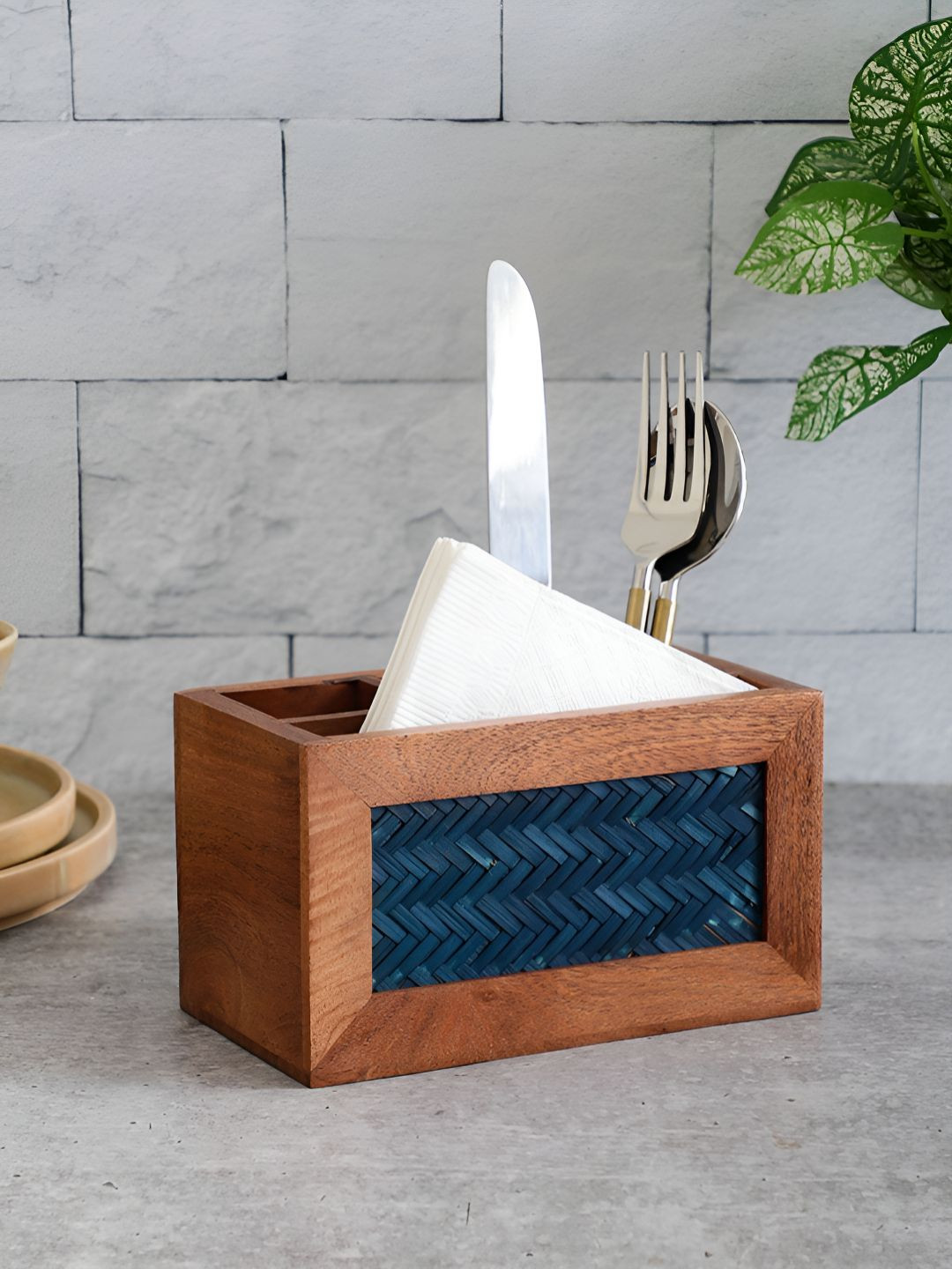 VarEesha Brown & Blue Acacia Wood Chatai 4-Compartment Cutlery Holder