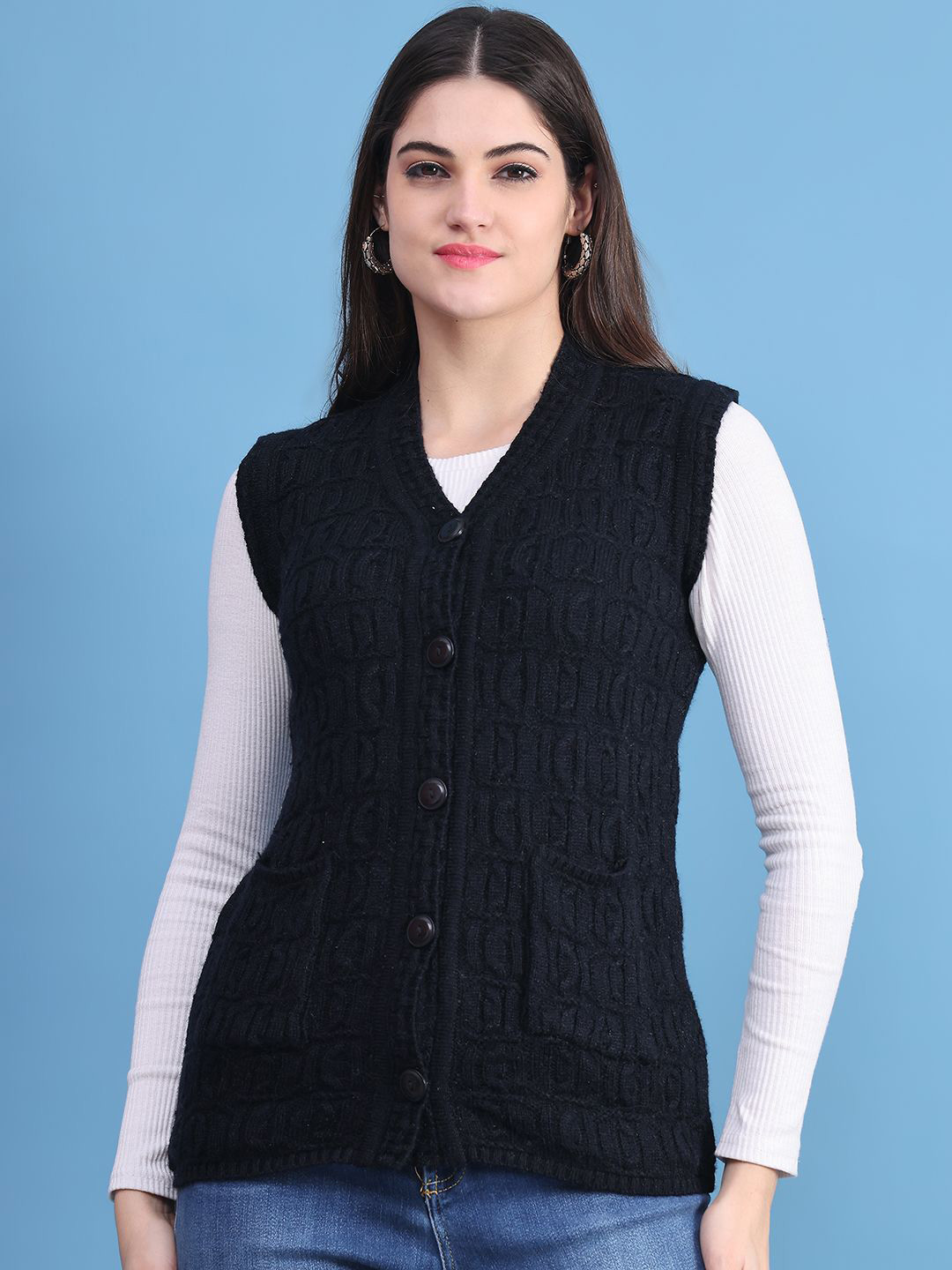 VANYA Women Self Design Sleeveless V-Neck Sweater Vest