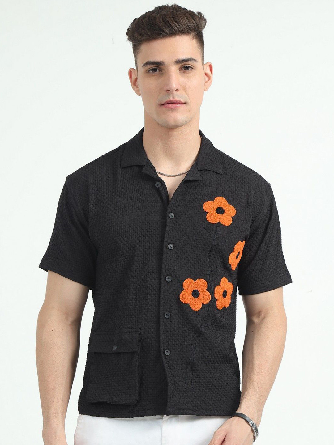 NEVER NEUD Men Relaxed Sunflower Baggy Popcorn Texture Casual Shirt