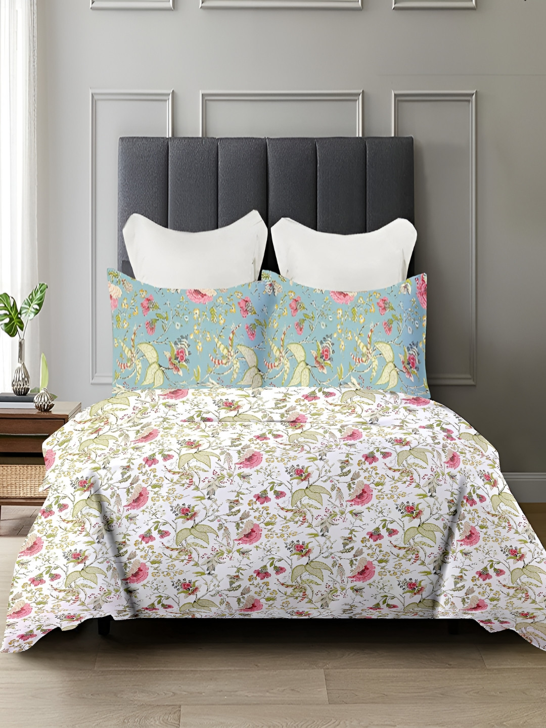 Trance Home Linen 180TC Printed Zippered King Rajai Cover/Blanket Cover with 2 Pillow Covers