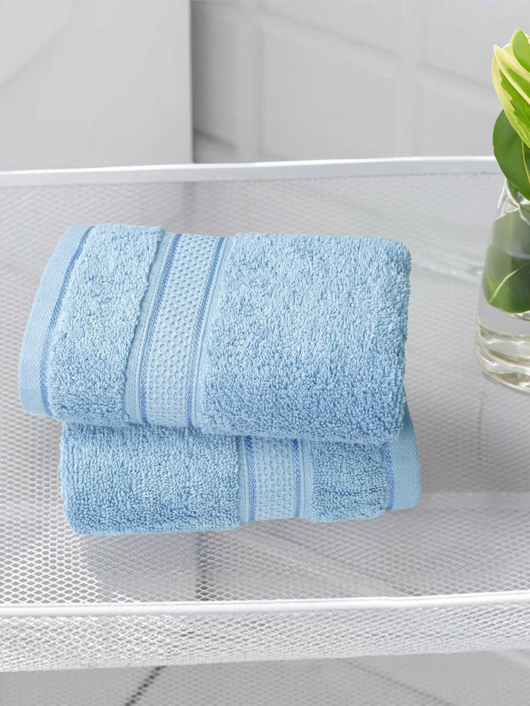MYTRIDENT 2-Pcs Blue 600 GSM Pure Cotton Hand Towels
