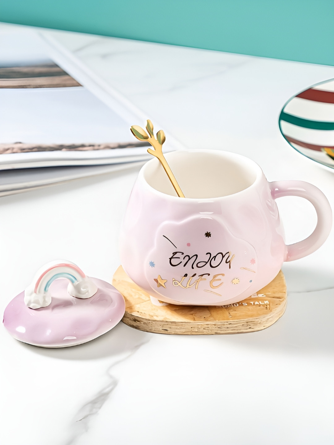 BonZeaL Decorated Purple Typography Ceramic Handmade Mug with Lids and Spoon-300ml