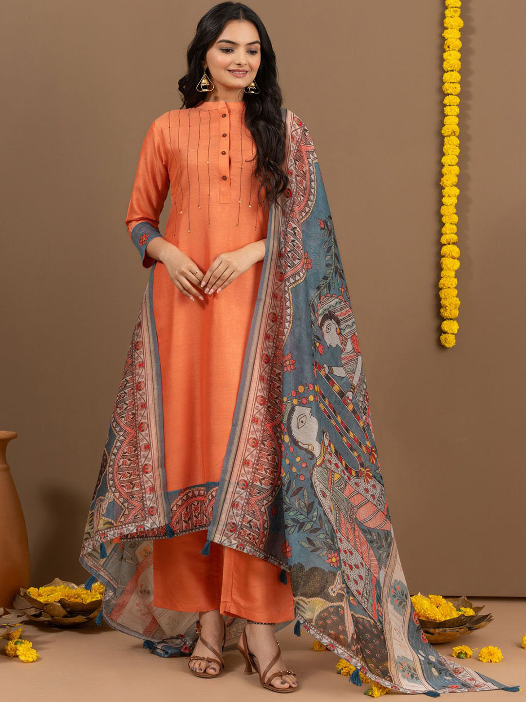 Ekana Women Regular Beads and Stones Kurta with Trousers & With Dupatta