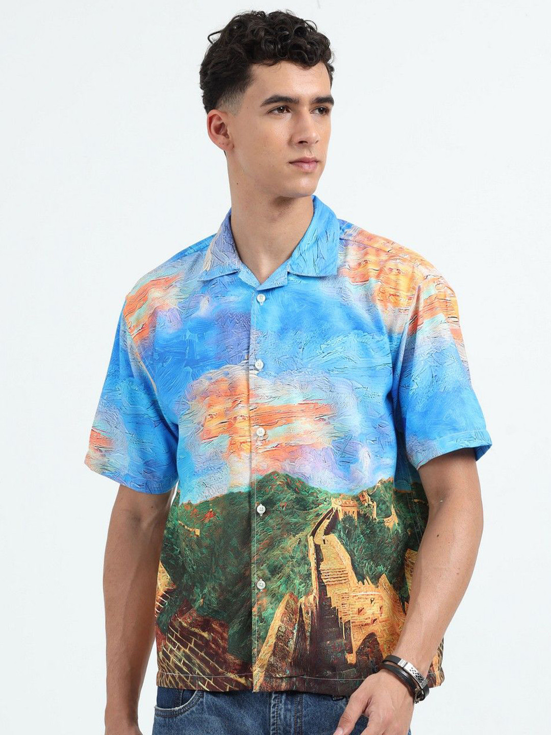 NEVER NEUD Men Relaxed Satin Great Wall of China Printed Oversized Casual Shirt