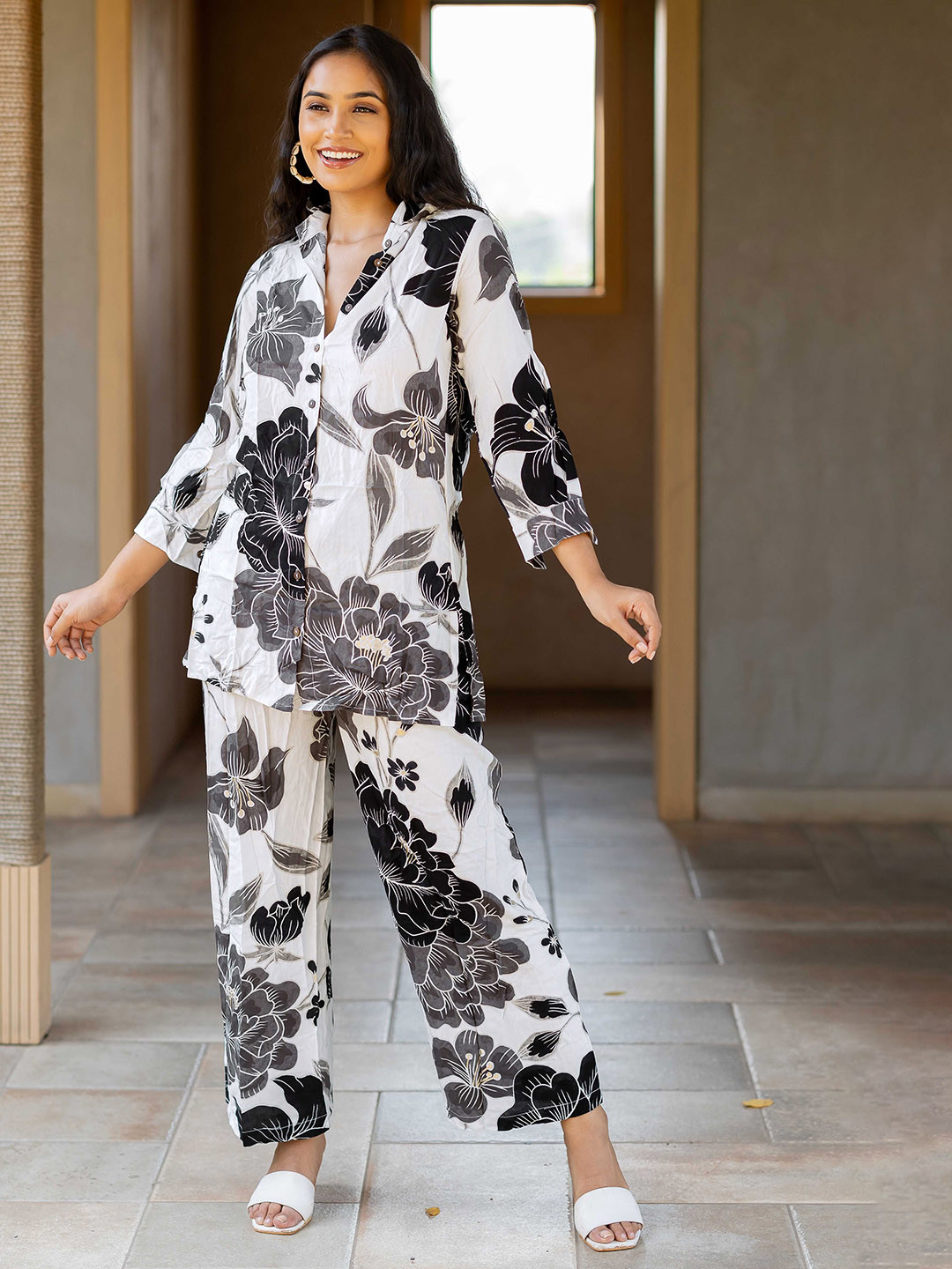 MIRCHI FASHION Floral Printed Band Collar Three-Quarter Sleeves Shirt With Trouser